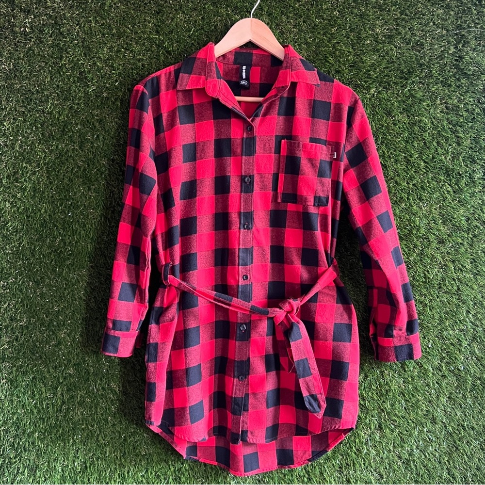 Agnes & Dora Buffalo Check Belted Long Sleeve Button Up Shirt Tunic